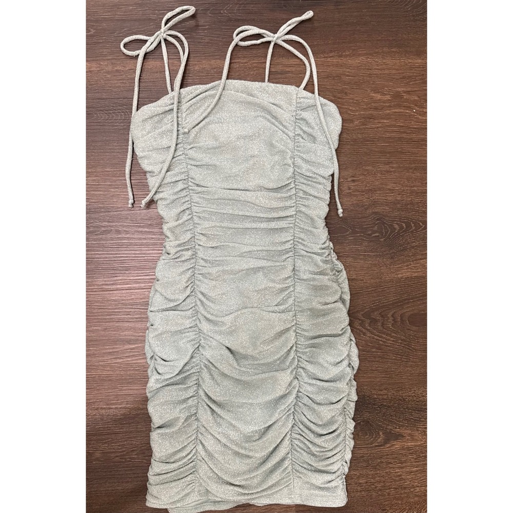 Jump Apparel Ruched Shimmer Mini Dress Womens S Light Green Sparkle